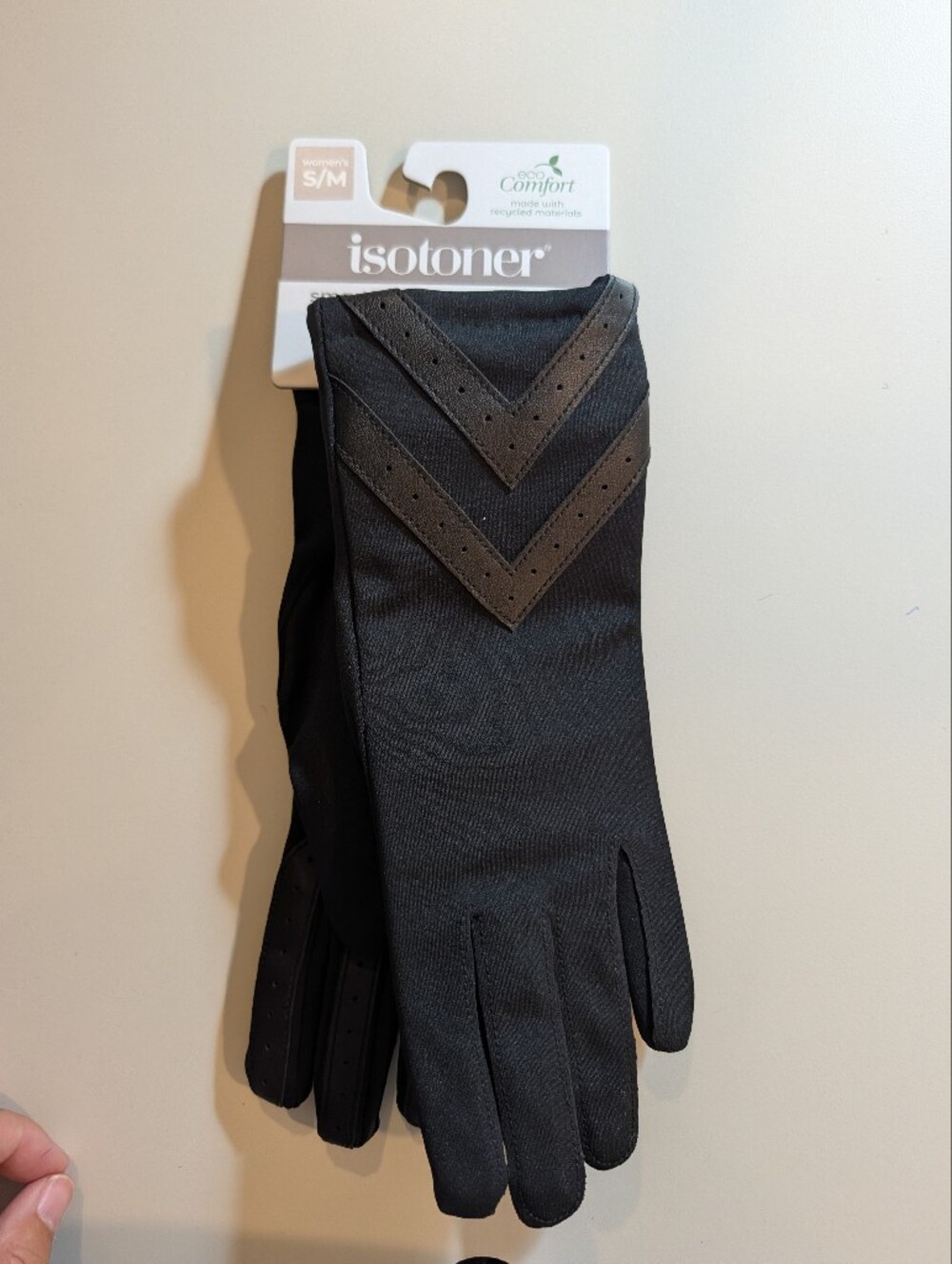 Isotoner Woman's S/M Black Stretch Dress Gloves with Chevron Accent